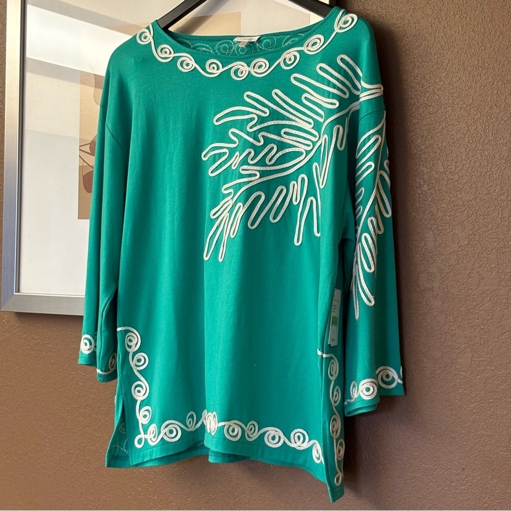 Cabana Cay Green and White Boxy Tunic with 3/4 Sleeves NWT size L